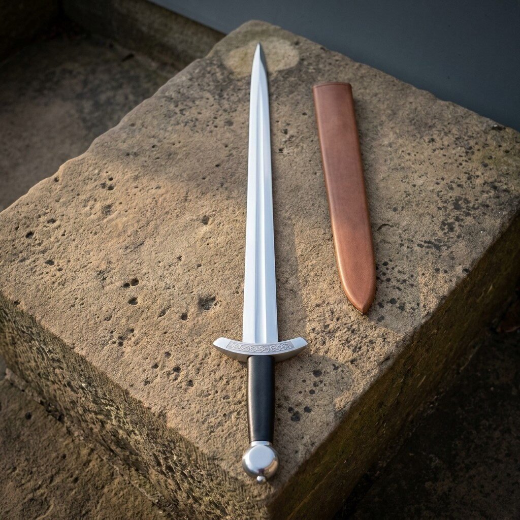 Viking dagger with a leaf shaped double edged blade, knotwork cut guard and steel disc pommel lying on a weathered sandstone block beside a tan sheath