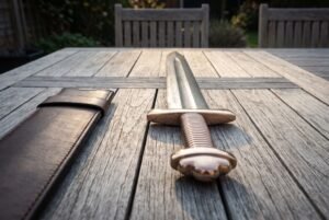 Viking damascus sword resting on a weathered garden table in low sun, five lobed pommel and coiled wire grip in the foreground with runes etched beside the wide fuller