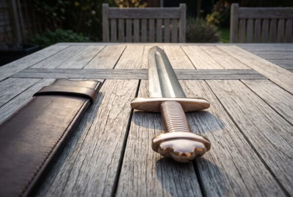 Viking damascus sword resting on a weathered garden table in low sun, five lobed pommel and coiled wire grip in the foreground with runes etched beside the wide fuller
