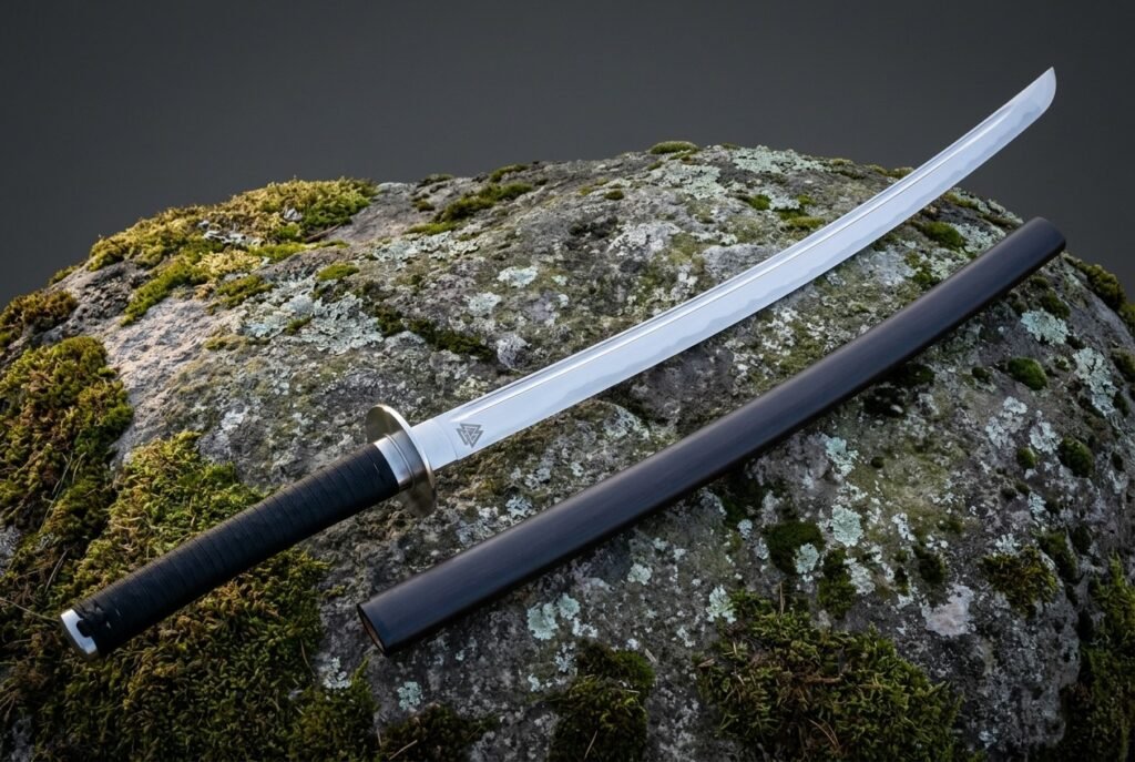 Viking katana with a Valknut etched 1095 steel blade and black leather wrapped tsuka resting on a lichen covered boulder beside its charcoal lacquered saya