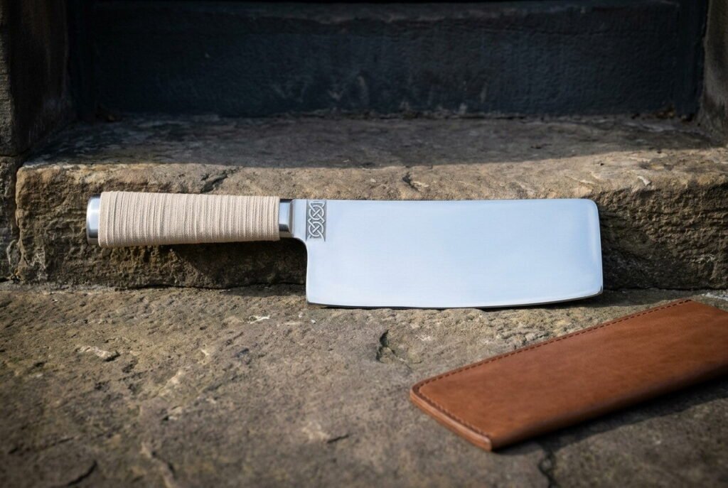 Viking kitchen cleaver with a flat stainless nakiri style blade, cream cord wrapped handle and engraved knotwork panel resting on a worn stone step