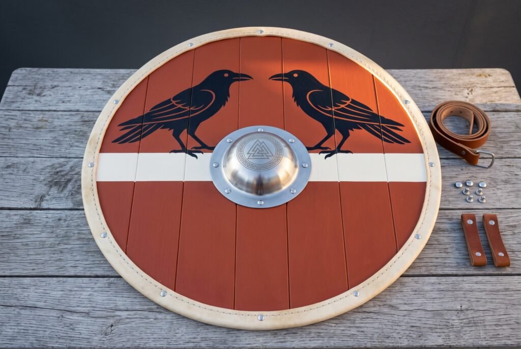 Viking shield of planked wood painted with twin black ravens on a red and white field, steel valknut boss centred, leather strap and grips alongside.