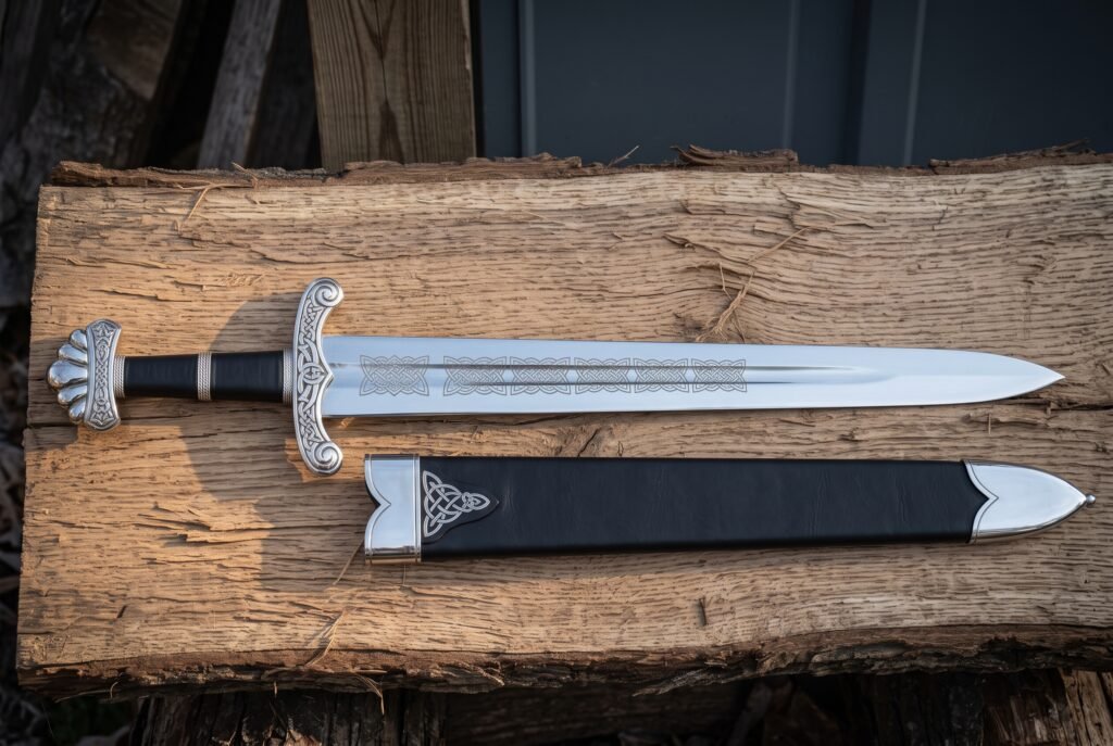 Viking short sword with a five lobe pommel and etched knotwork blade resting on split oak beside a black leather scabbard mounted with a bright triquetra throat