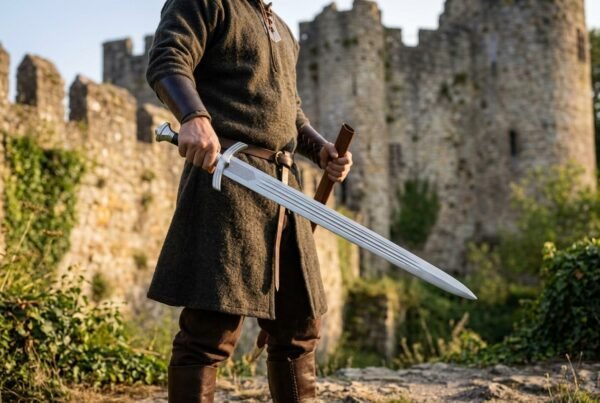 Viking short sword with triple fullered blade and downswept guard held by a man in front of castle ruins