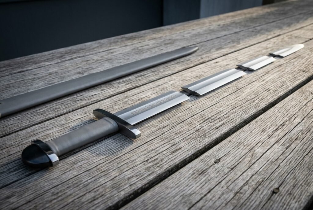 Viking sword with an elder futhark rune line cut above the guard, grey leather grip and rounded pommel resting on weathered decking beside its dark scabbard