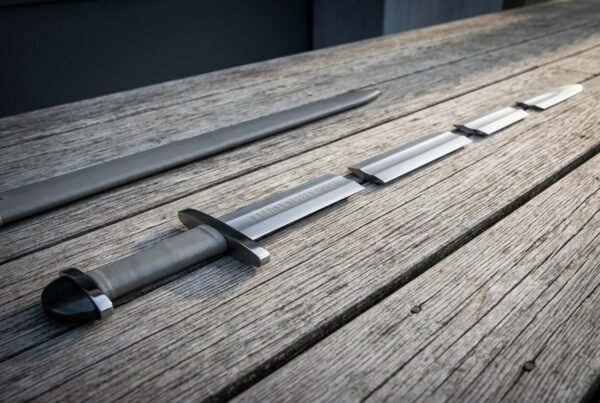 Viking sword with an elder futhark rune line cut above the guard, grey leather grip and rounded pommel resting on weathered decking beside its dark scabbard