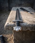 Viking sword with chevron pattern welded core, rune engraved guard and five lobed pommel on a stone ledge beside its black scabbard