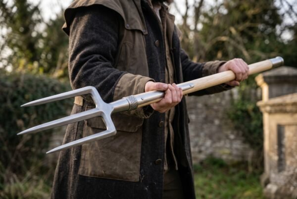 Viking trident with three steel prongs and long ash haft held level in both hands by a man in a waxed coat