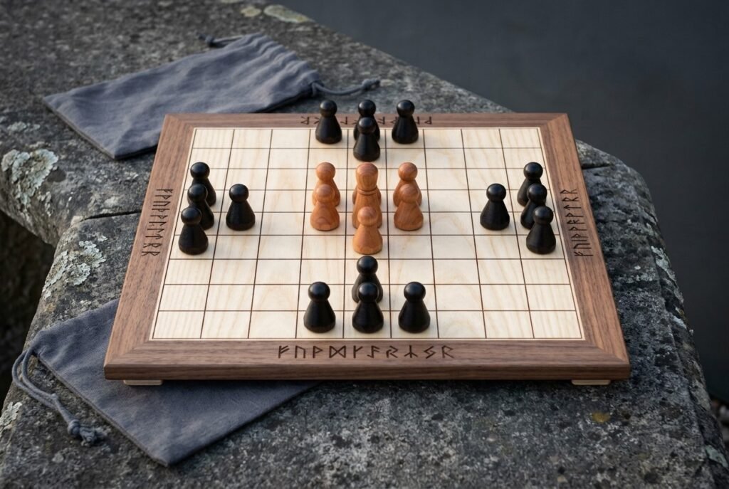 Walnut and maple hnefatafl board game with turned wood playing pieces, an Elder Futhark rune border and a cotton drawstring pouch, set on a lichen covered stone