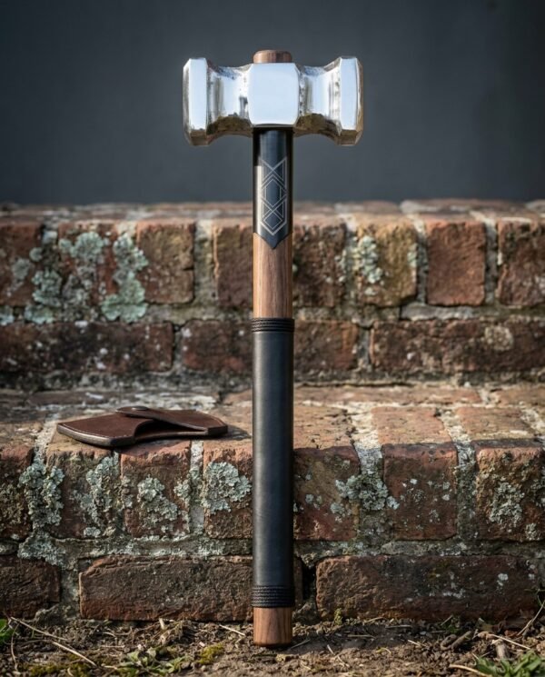 Walnut haft war hammer with a double faced polished steel head, engraved blackened collar and black leather grip standing upright against a mossy red brick wall