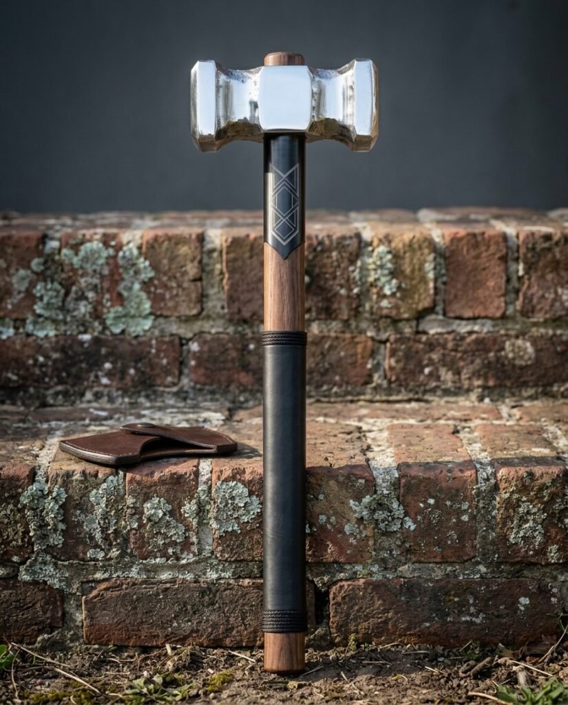Walnut haft war hammer with a double faced polished steel head, engraved blackened collar and black leather grip standing upright against a mossy red brick wall