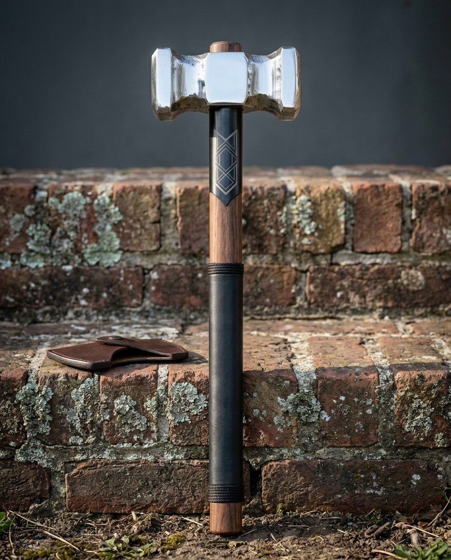 Walnut haft war hammer with a double faced polished steel head, engraved blackened collar and black leather grip standin Walnut haft war hammer with a double faced polished steel head, engraved blackened collar and black leather grip standing upright against a mossy red brick wall