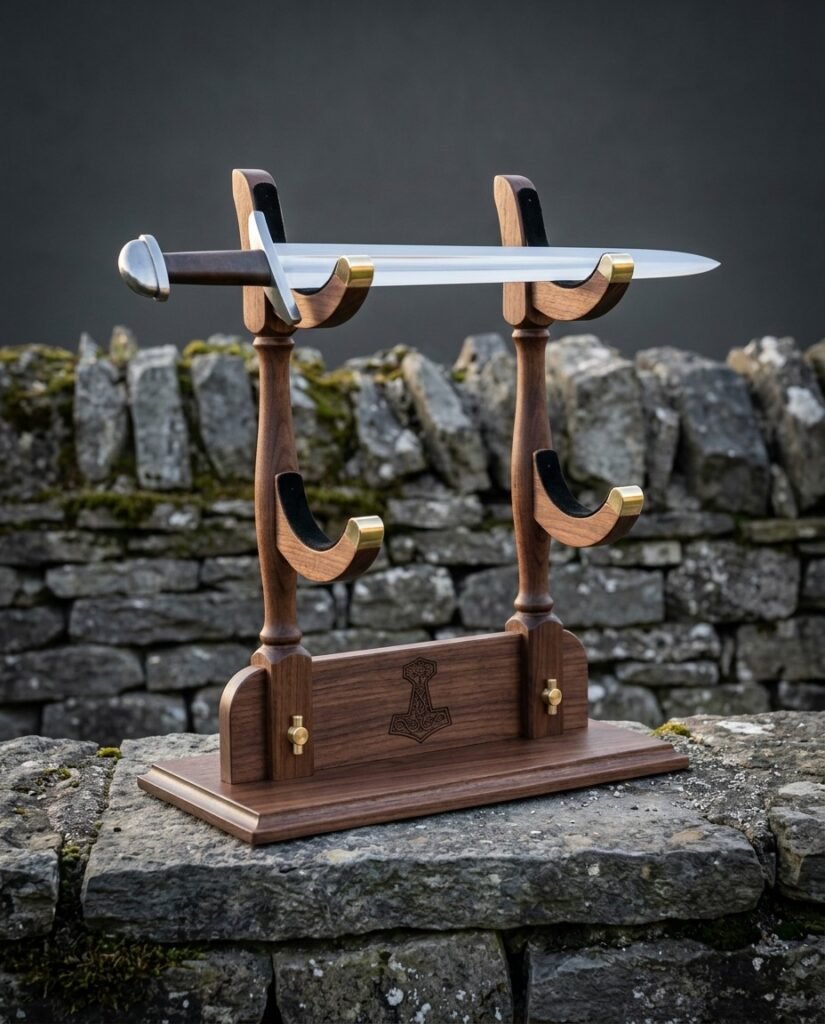 Walnut sword display stand with brass lined cradles and a cut Mjolnir engraving holding a Viking sword, photographed on a stone ledge before a dry stone wall