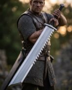 Warrior in mail holding a rune etched sawtooth sword across his body at dusk with its black scabbard behind