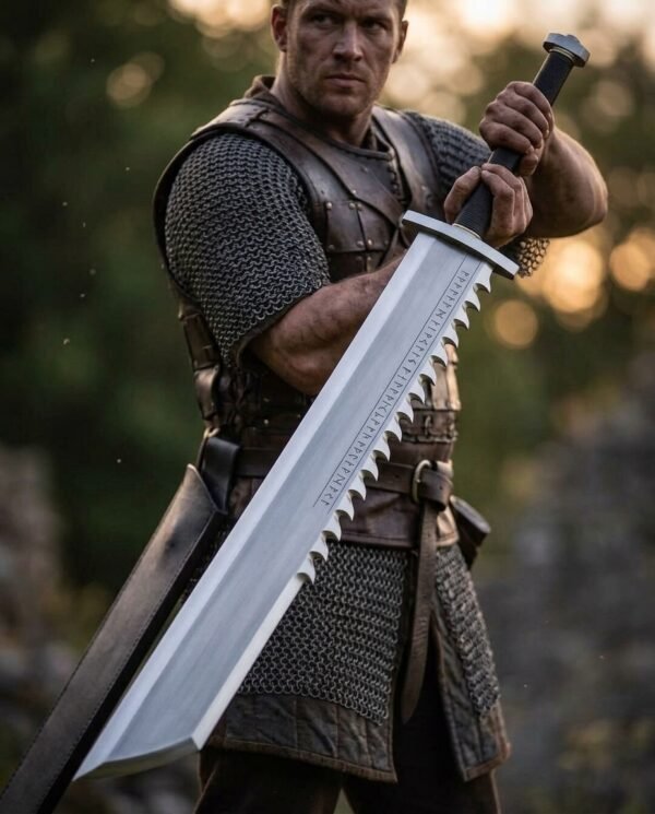 Warrior in mail holding a rune etched sawtooth sword across his body at dusk with its black scabbard behind