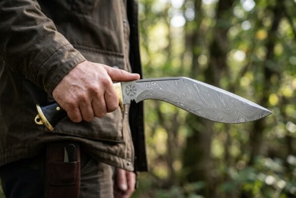Man in a waxed jacket holding a Damascus steel kukri knife with black scales and brass bolster in the woods, leather sheath on his belt