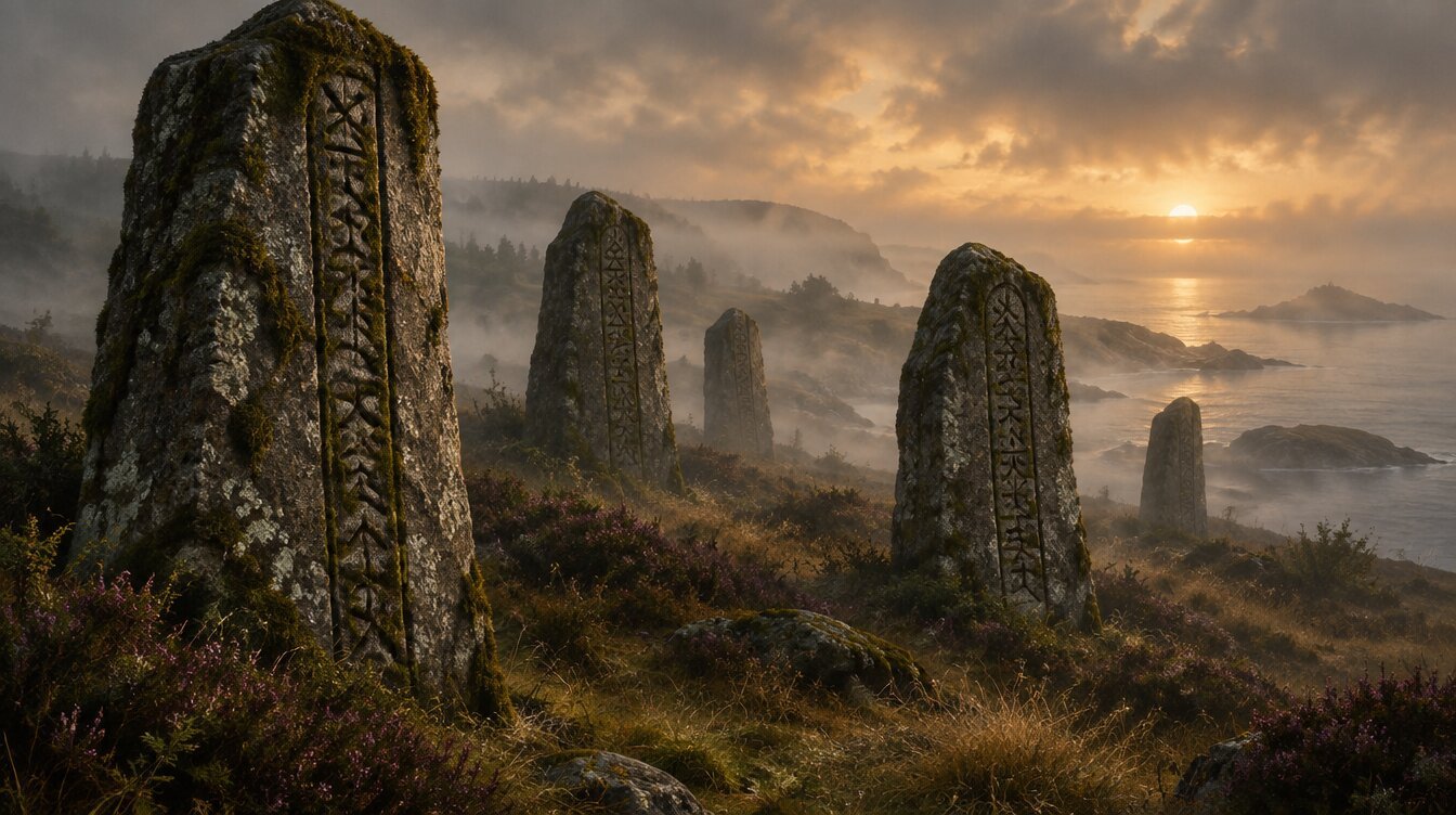 Weathered Viking runestones with Elder Futhark carvings in a misty Scandinavian landscape