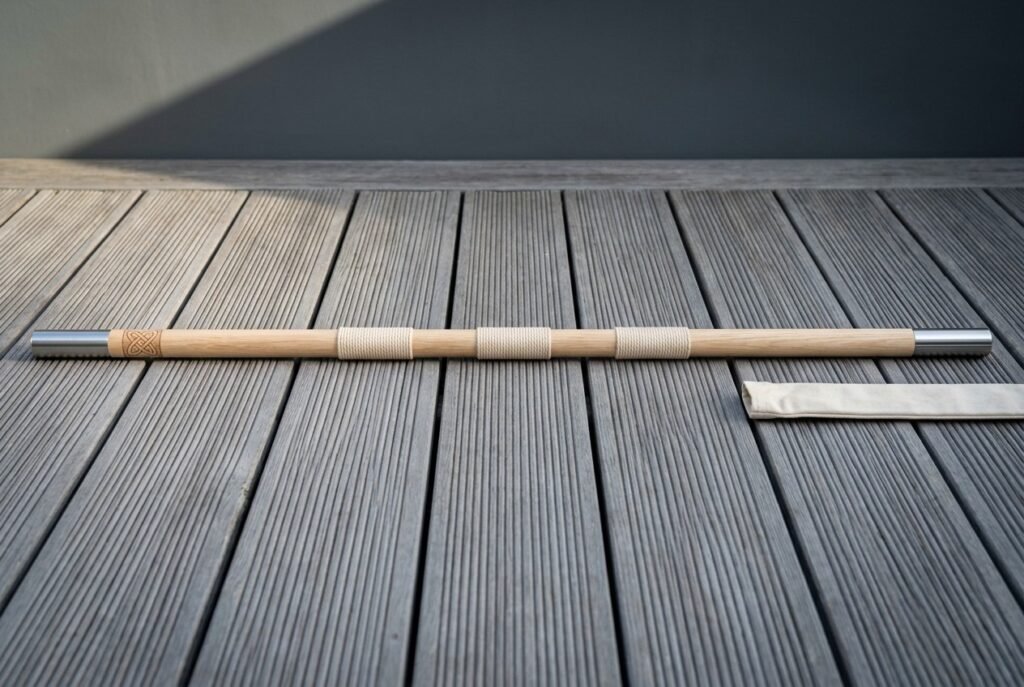 White ash bo staff with polished steel end ferrules and three whipped cord grip bands lying across grey timber decking beside its canvas carry sleeve