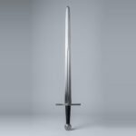 Wide fuller arming sword trainer with a plain straight cross, a fuller running two thirds of the blade, black leather seam grip and bossed wheel pommel laid on a plain grey studio backdrop