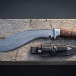 Wolfcurve Hand Forged Damascus Kukri Knife | 17 Inch Overall | Rosewood Scales and Steel Bolster with Etched Wolf, Black Leather Sheath and Two Companion Blades | Hunting Gift | RK-2107