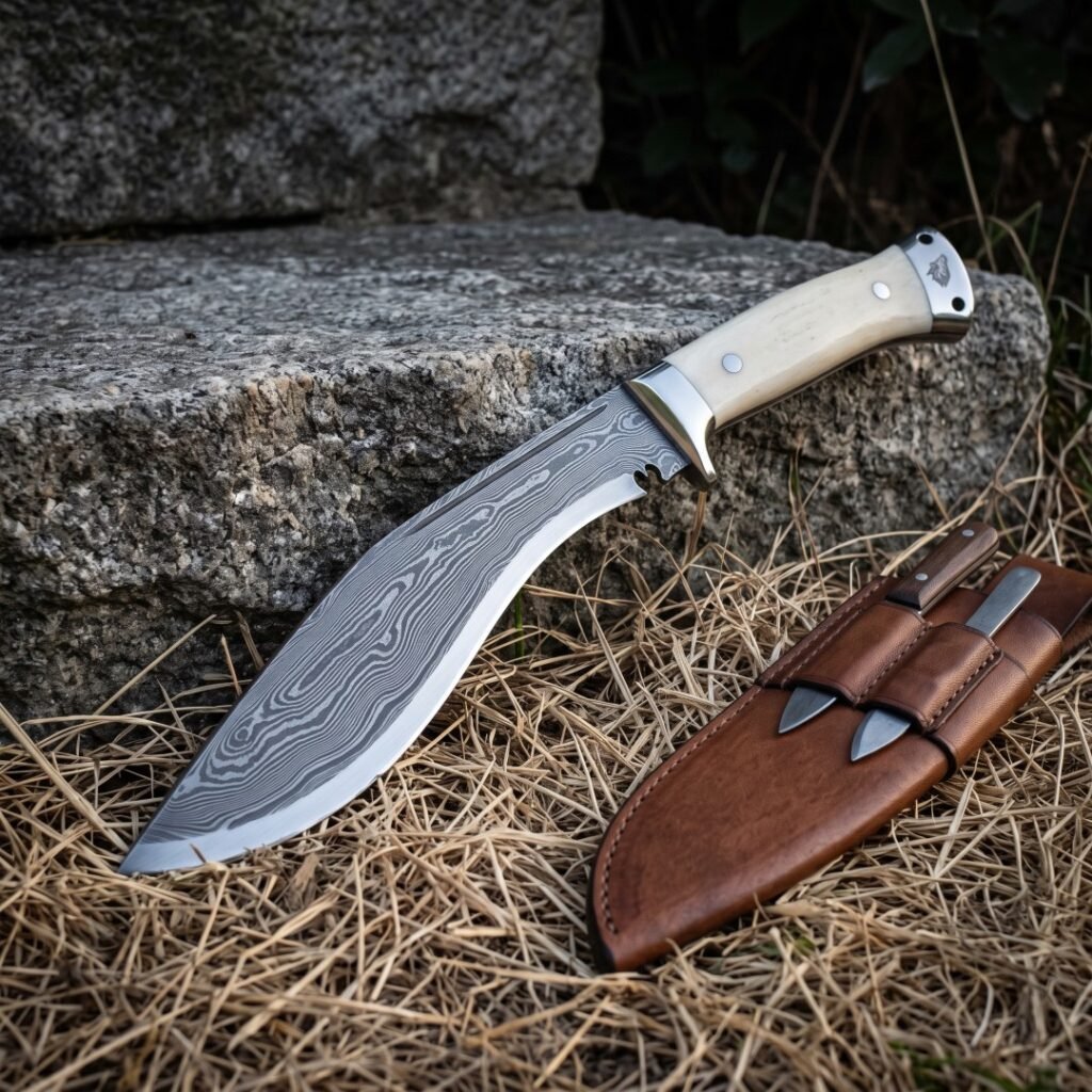 Wolf pommel damascus kukri with a ladder patterned 1095 and 15N20 blade, cream bone handle scales, steel bolster and brown leather sheath on a granite step in dry grass