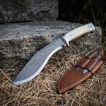Palefang Hand Forged Damascus Steel Kukri Knife | 16 Inch Overall Length | Bone Handle Scales with Wolf Etched Steel Pommel | Norse Hunting Gift | RK-2151