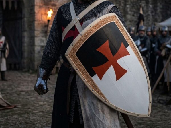 Wooden Templar kite shield with a black and white field, red cross pattee and engraved gilt border carried by a man in chainmail