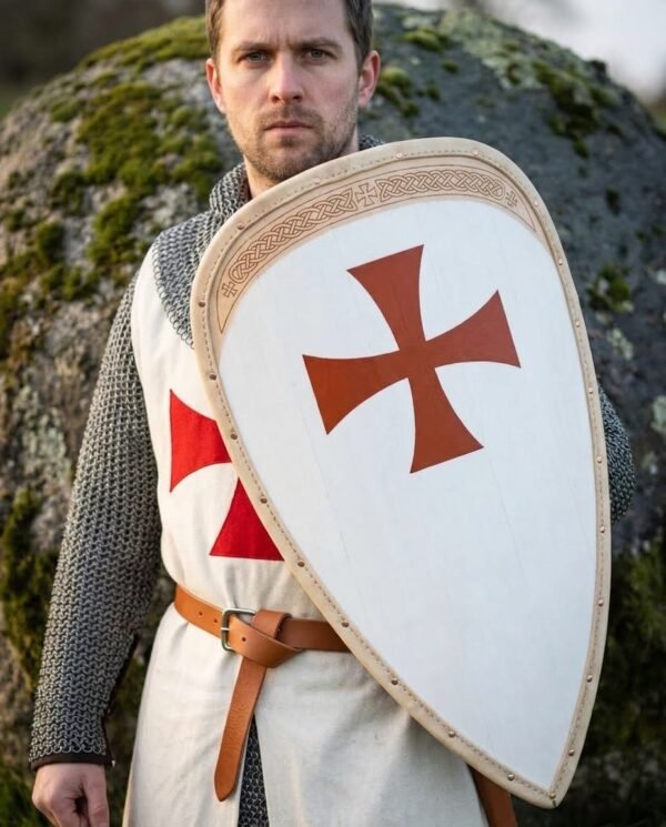 Wooden Templar kite shield with a rawhide bound edge and a red cross pattee on a white field held by a man in chainmail and tabard