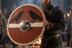 Wooden Viking round shield painted red with a white band and twin black ravens around a steel boss, held by a bearded man by a fire