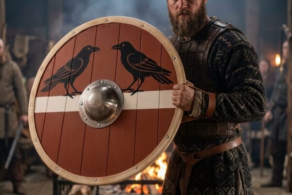 Wooden Viking round shield painted red with a white band and twin black ravens around a steel boss, held by a bearded man by a fire