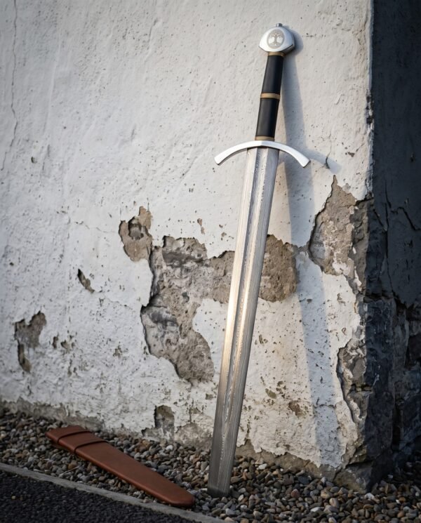 Rootcrown Hand Forged Damascus Arming Sword | 37 Inch Overall | Black Leather Grip and Brass Wire Bands with Yggdrasil Pommel Medallion and Brown Leather Scabbard | Norse Gift | RK-2103