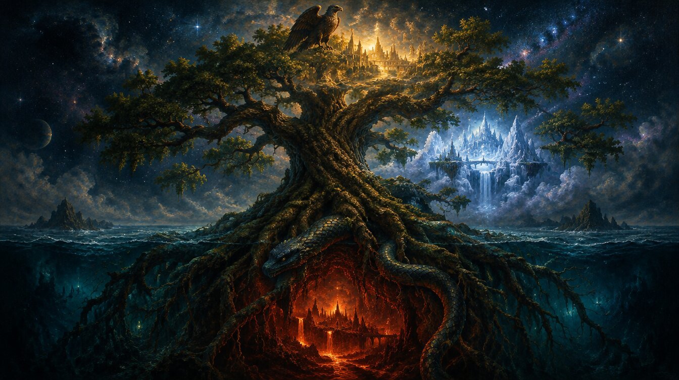 Yggdrasil the world tree connecting the nine realms of Norse cosmology