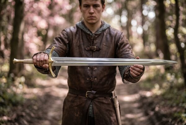 Young man in a leather jerkin holds a steel fantasy arming sword level across both hands on a woodland path