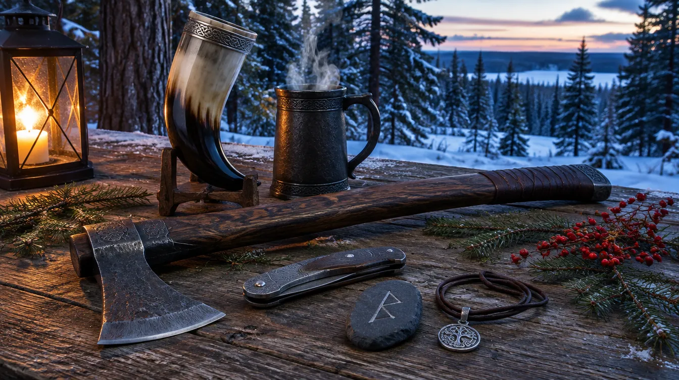 Bearded axe, drinking horn, Damascus folding knife and rune stone laid out on an oak table in winter