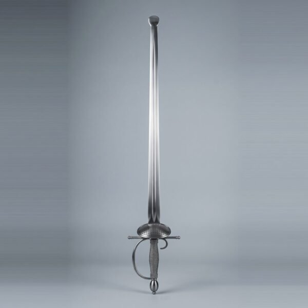 Blackened smallsword trainer with a rolled safety button, pierced oval shell guard, dark wire bound grip and olive pommel on grey