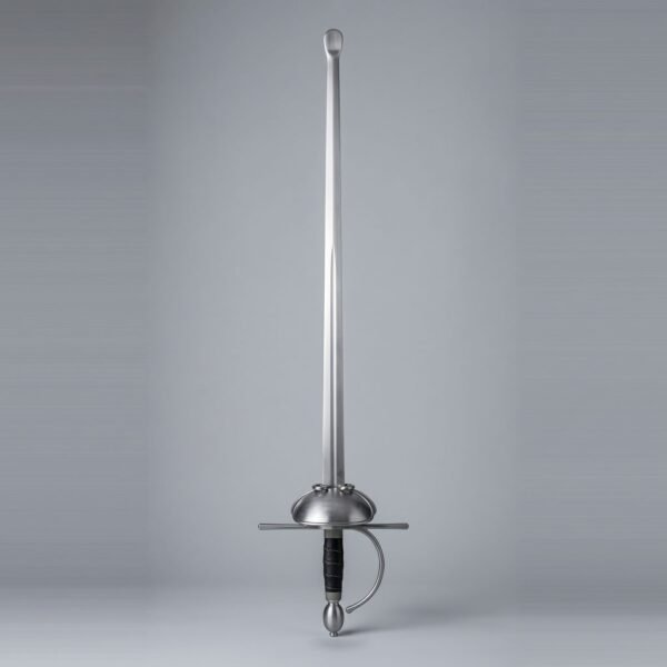 Dished shell rapier trainer with a rolled flared safety tip, two small rings on the guard, very long quillons and black leather grip on grey