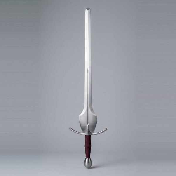 Feder training sword with a rounded blunt tip, shield shaped schilt, curved crossguard and burgundy cord wrapped grip on grey