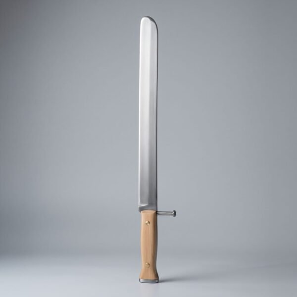 Grosses messer trainer with a rounded blunt point, side nagel, no crossguard and pale wood scales on two brass rivets on grey