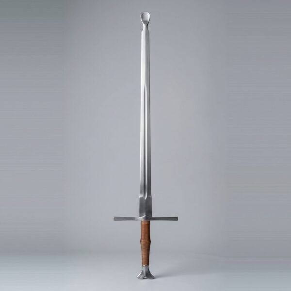 Hand and a half longsword trainer with a rolled safety tip, squared wide ricasso, tan leather and cord grip and fishtail pommel on grey