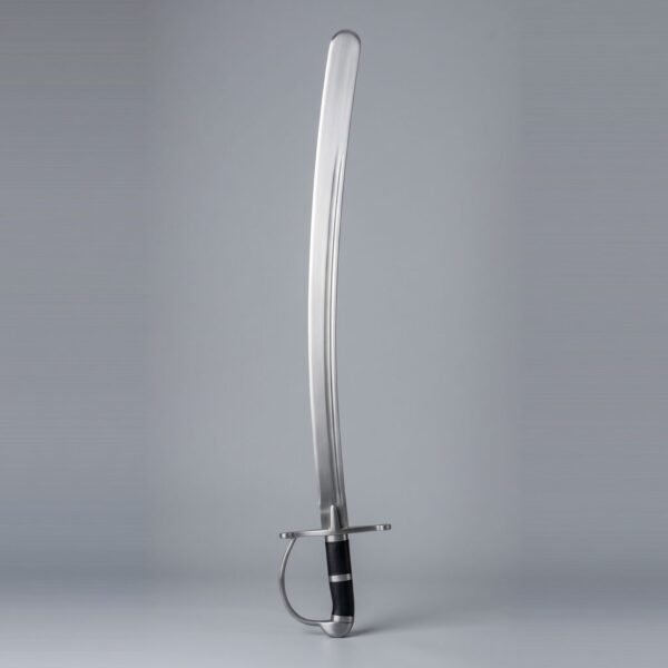 Hanger sabre trainer with a rounded blunt tip, D shaped knuckle bow and black leather grip banded in steel on a plain grey backdrop