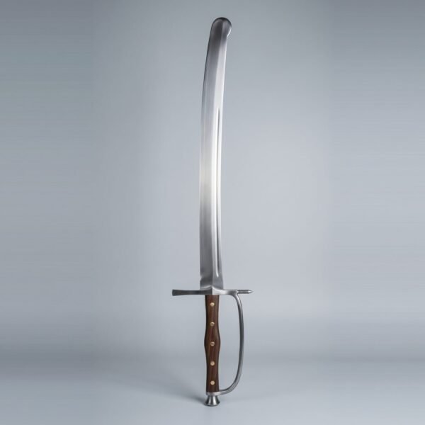 Kriegsmesser trainer with a rolled safety tip, curved single edged blade, knuckle bow and walnut scale grip with brass rivets on grey