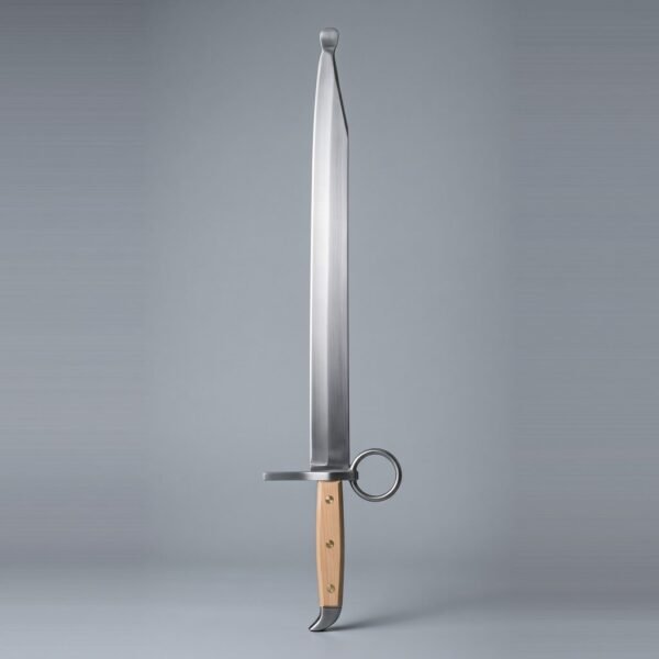 Langes messer trainer with a rolled safety tip, large ring nagel, pale wood scales on three brass rivets and beak shaped cap on grey