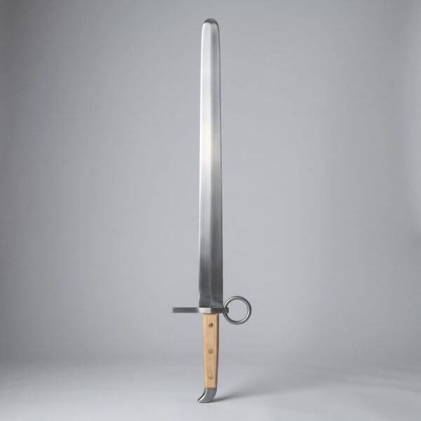 Langes messer trainer with a rounded blunt point, ring nagel on the flat, pale wood scales and beak shaped butt cap on a grey backdrop