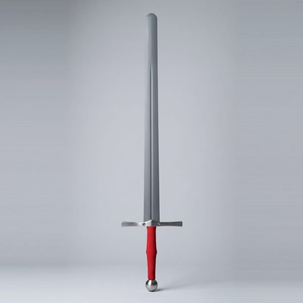 Nylon longsword waster with a rounded moulded tip, steel cross bolted through, red cord grip and polished ball pommel on a grey backdrop