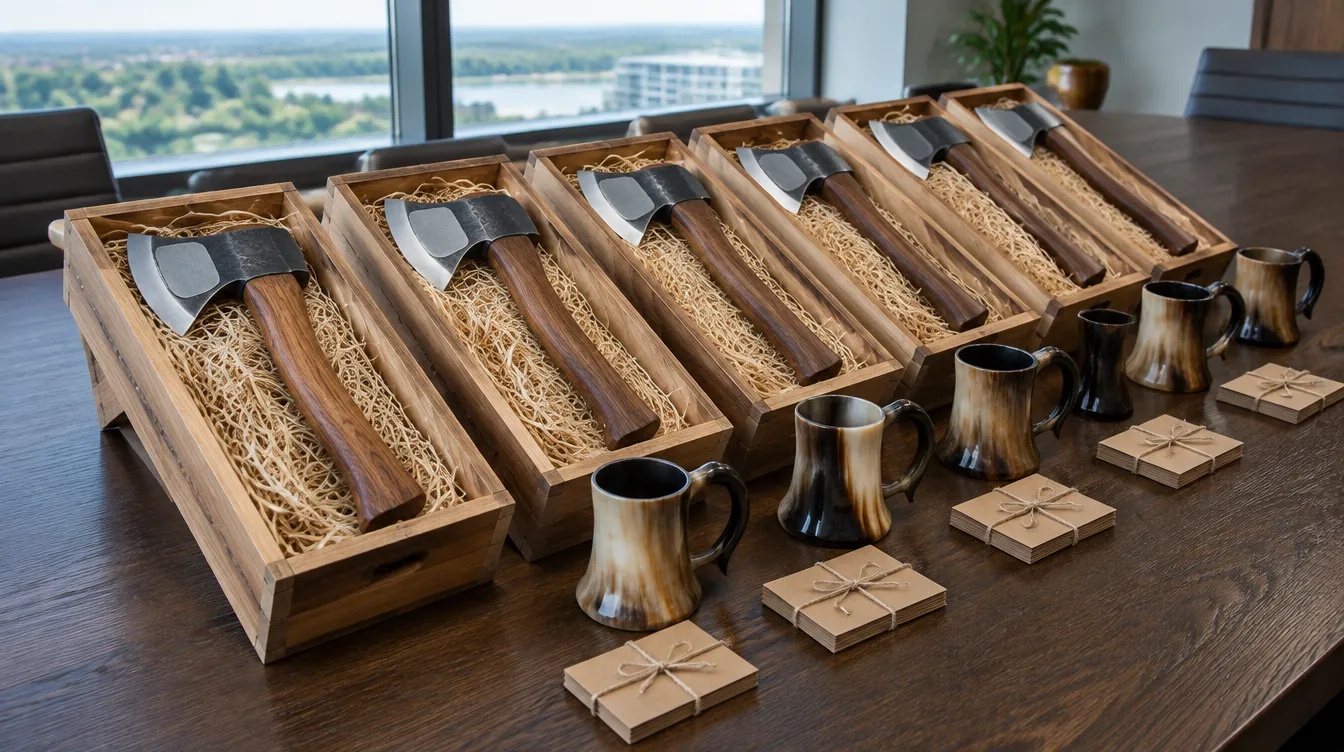 Row of hand forged hatchets in wooden gift crates with a horn tankard on a conference table
