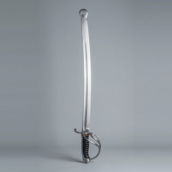 Three bar hilt sabre trainer with a rolled flared safety tip, curved single edged blade and black wire bound grip on a plain grey studio backdrop